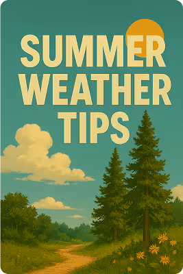 Illustration of a sunny outdoor scene with trees, flowers, clouds, and the text 'SUMMER WEATHER TIPS'.